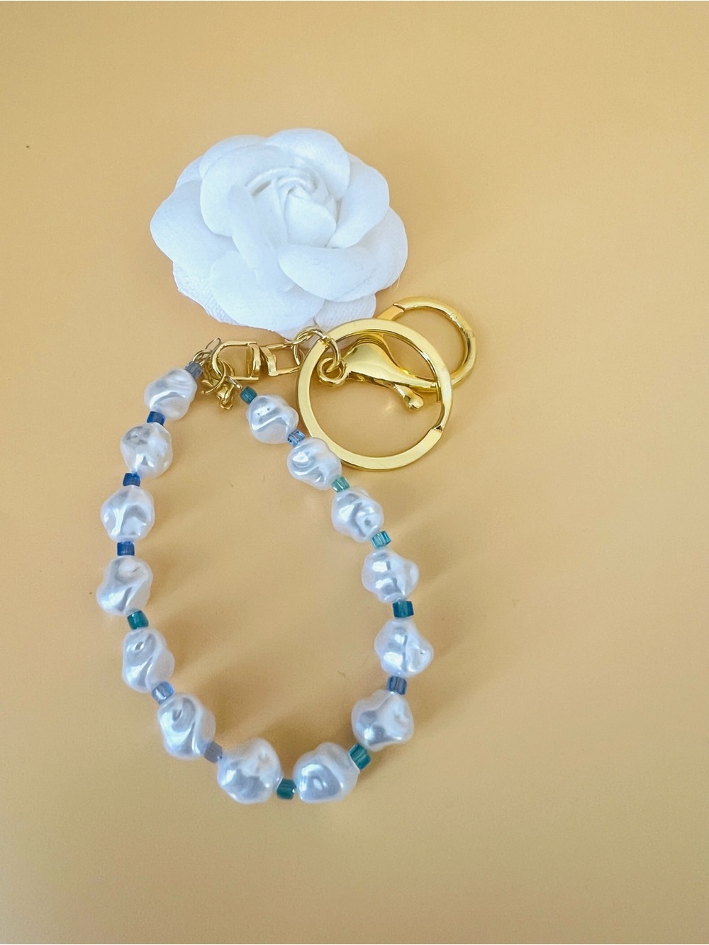 Pearl Bead Wristlet Keychain with White Rose Accent